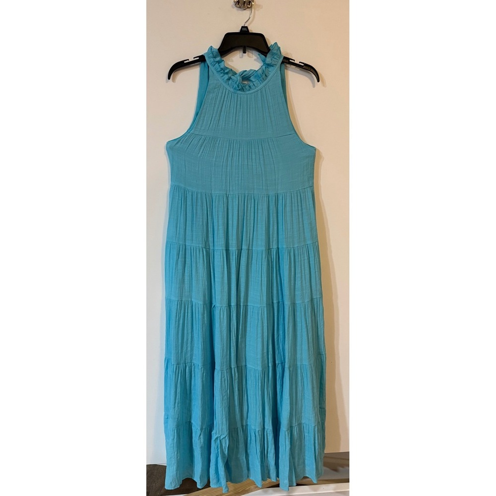 Magnolia Boutique Turquoise Blue Tiered Ruffle Halter Maxi Dress Small
